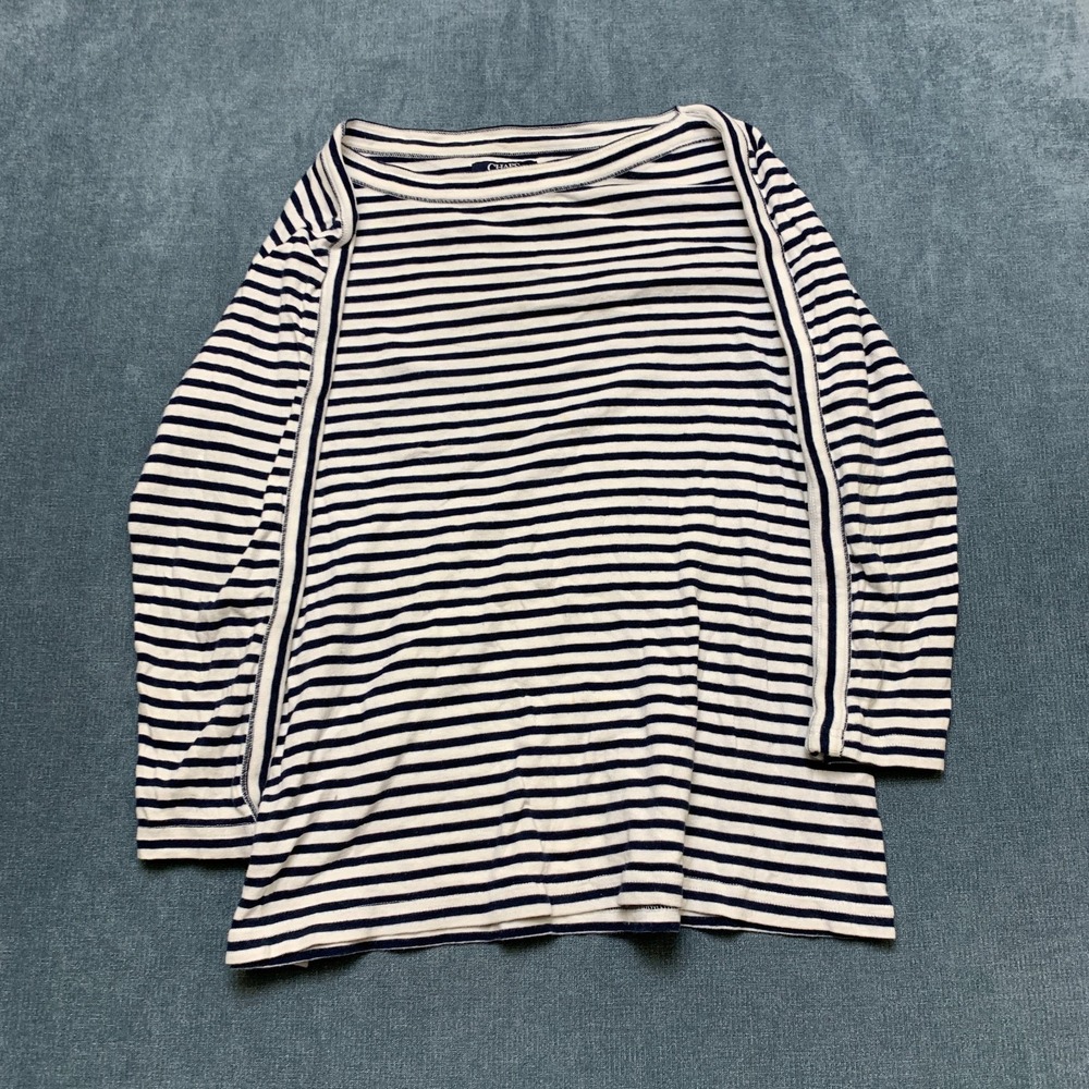 Chaps T Shirt Womens Large White Blue Striped Knit Casual Long Sleeve Boat Neck